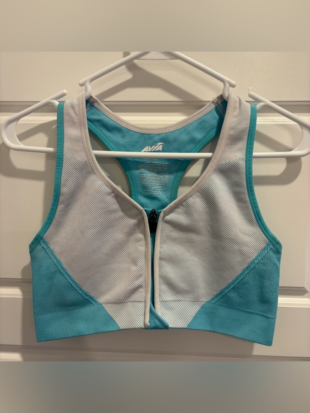 Avia Front Zip Racerback Sports Bra XL Blue White Ribbed